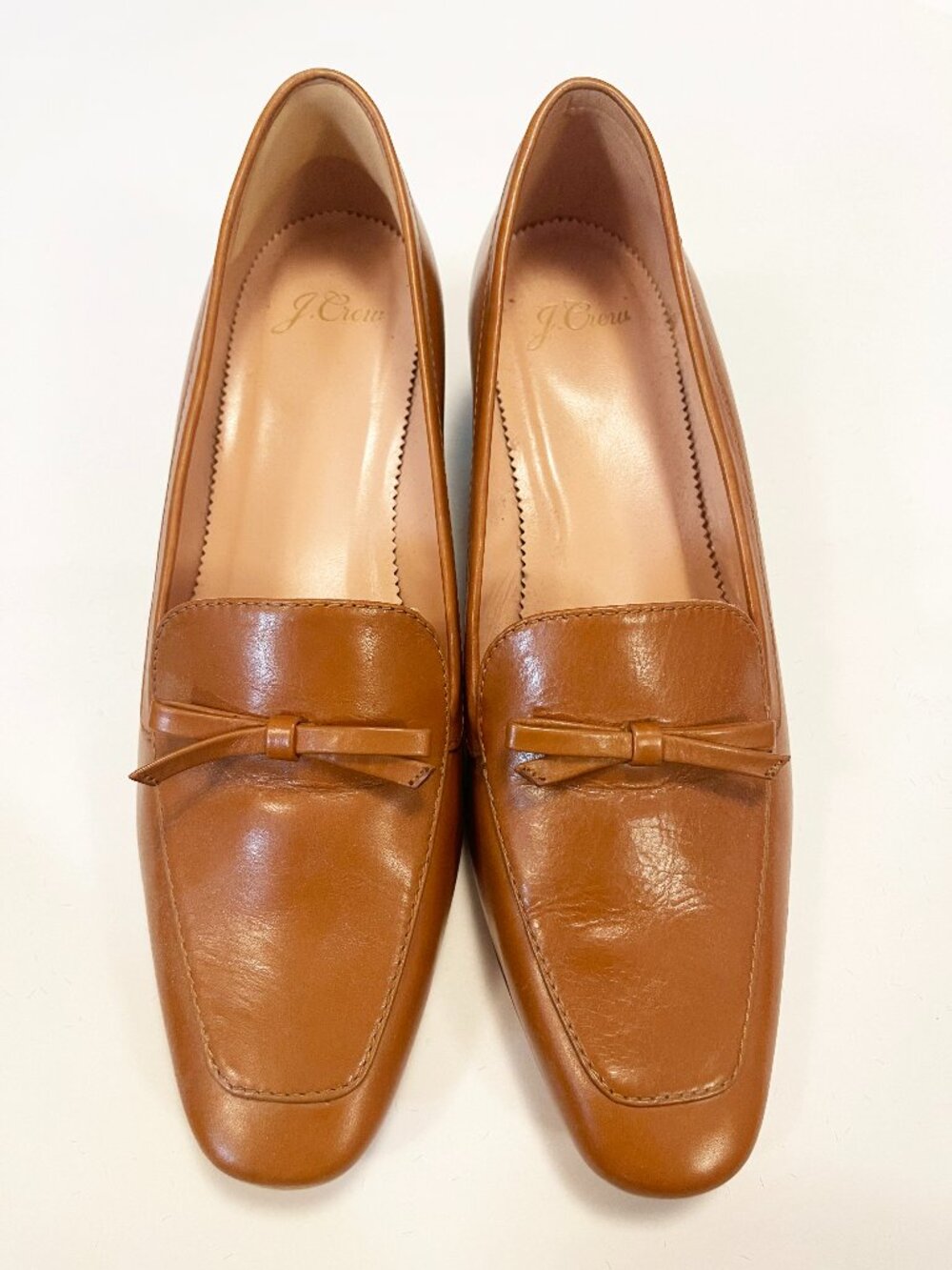 J.Crew Cognac Brown Leather Bow Loafers Block Heel Pumps Size 9 Academia